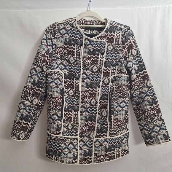 Zara Womens Tapestry Style Jacquard Blazer Moto Textured Aztec Tribal Small - Picture 1 of 13